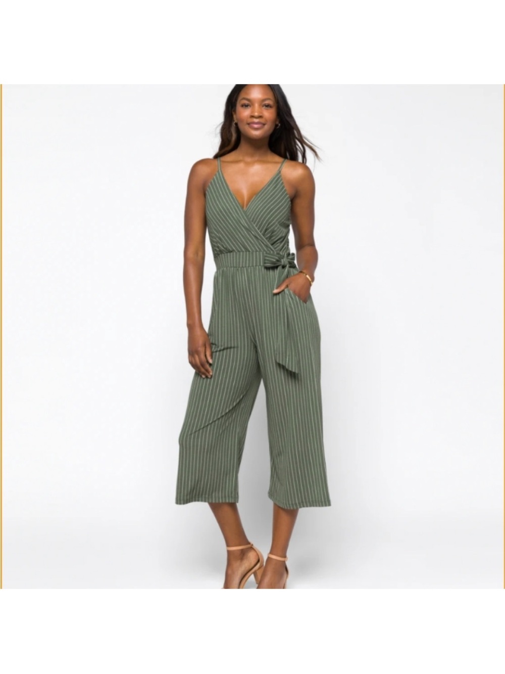Kaileigh Olive Green Pinstripe Strapless Wrap Jumpsuit
